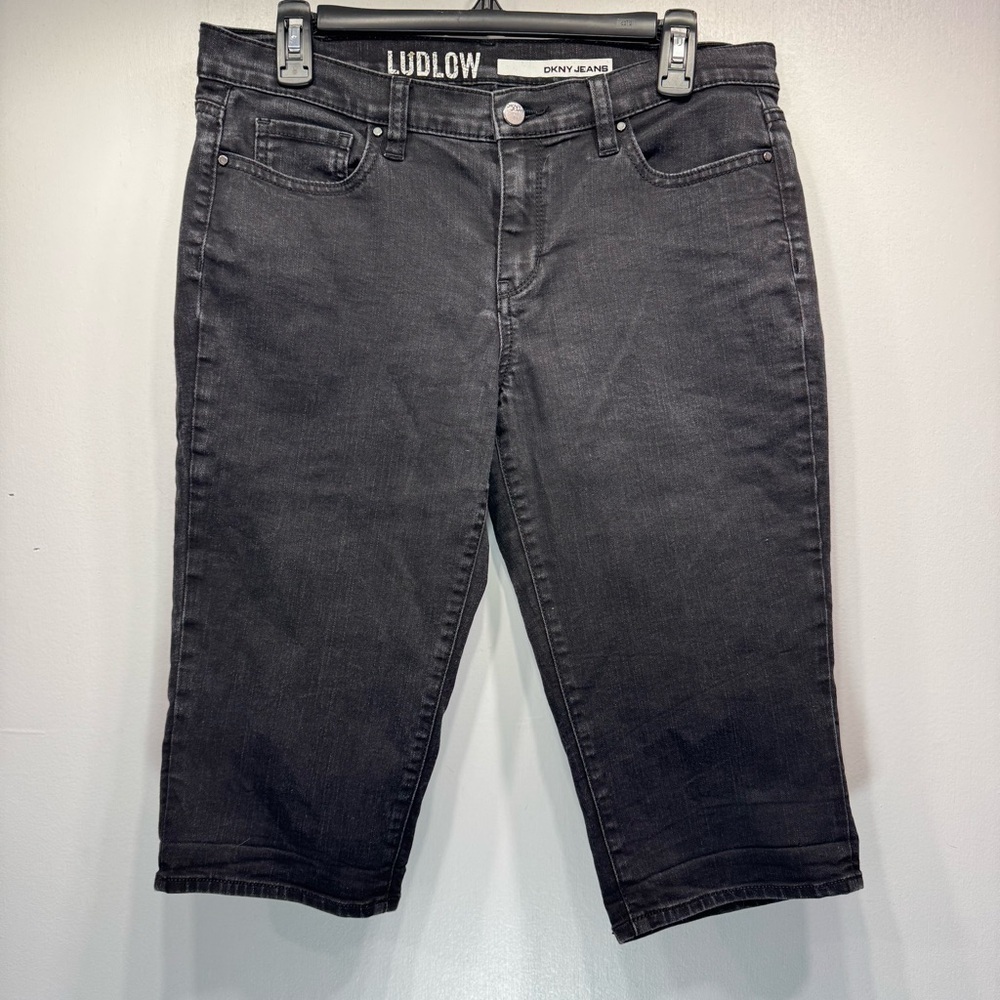 DKNY Ludlow Faded Black Denim Capri Roll Hem Cropped Jeans Bermuda Shorts